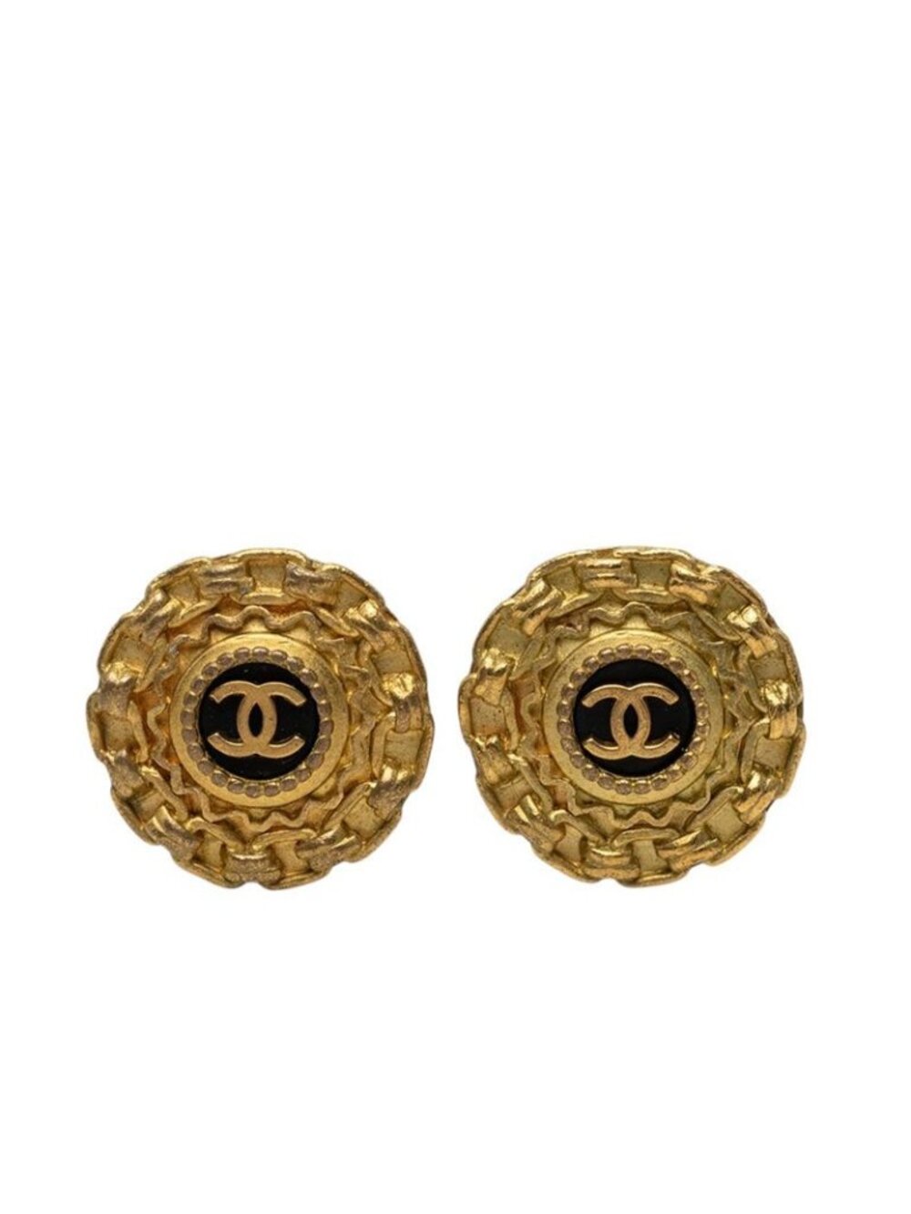 Chanel CC Logo Chain Motif Vintage Earrings Ear Clip 94A Gold Black Plated